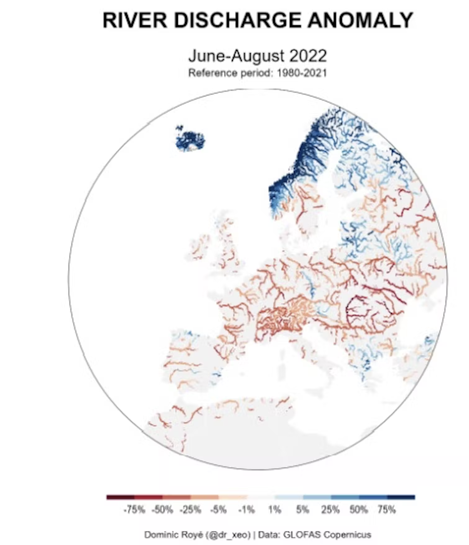 Desde junio hasta el 12 de agosto de 2022, hay una anomalía media negativa del caudal de los ríos del –29 %, llegando a ser inferior al –62 % en algunos puntos