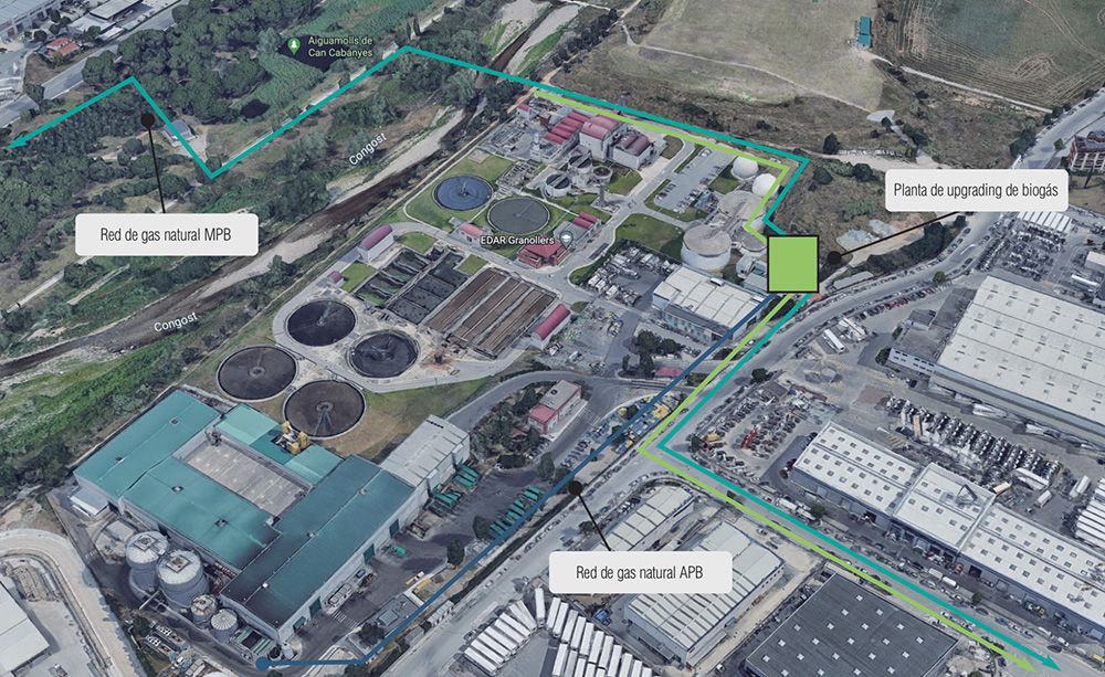 Principales redes de conexión de biogás entre la EDAR Granollers y CGRVO y localización de las redes de gas natural disponibles para inyección