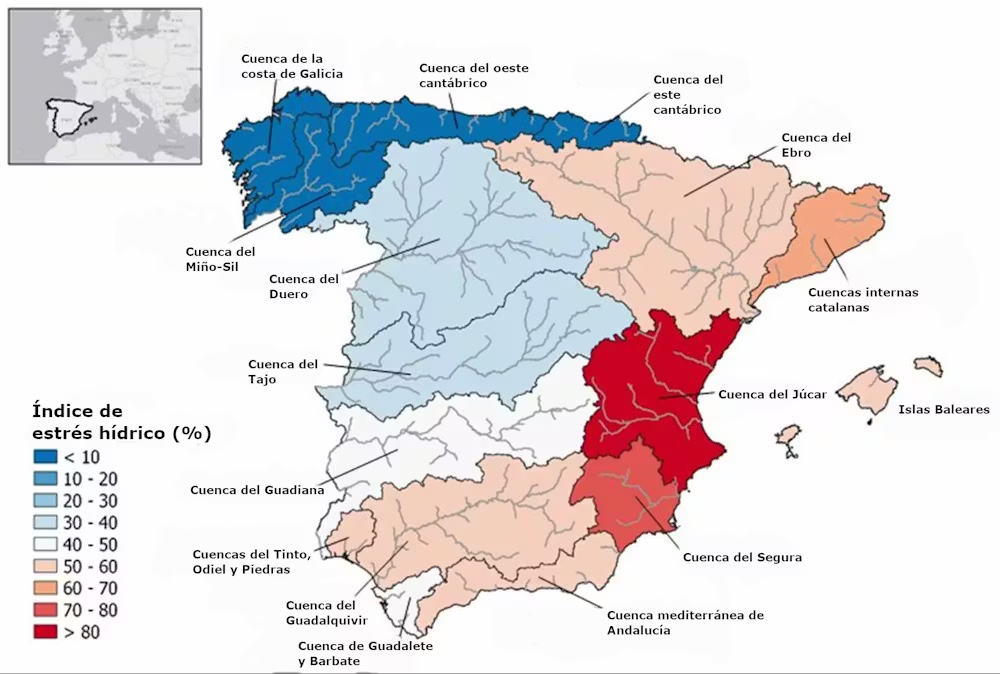Índice de estrés hídrico (es decir, la demanda de todos los sectores frente a los recursos renovables y no renovables) en España (sin incluir las Islas Canarias en el análisis) por regiones hidrográficas. Datos de los respectivos planes hidrológicos para el periodo 2022-2027 (MITECO, España).  S. Sabater et al 2025 Environ. Res. Lett. 20 091008