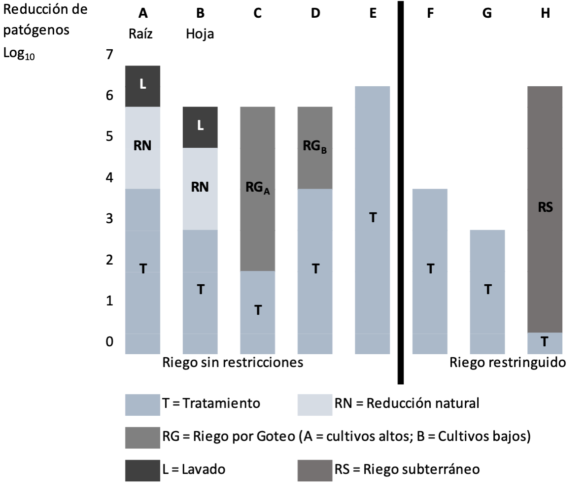 Figure 1: Ejemplos de opciones para la reducción de patógenos virales, bacterianos y protozoarios mediante diferentes combinaciones de medidas de protección de la salud que logren el objetivo basado en la salud de ≤10-6 DALY por persona y año (traducción del original en inglés: WHO Guidelines for the Safe Use of Wastewater, Excreta and Greywater, Volume I: Policy and Regulatory Aspects, Table 2-4, pag. 26)
