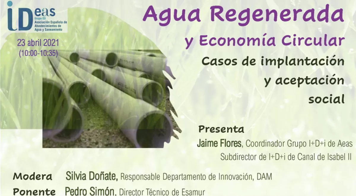 Agua regenerada y economía circular, a debate el 23 de abril en una nueva sesión online de AEAS