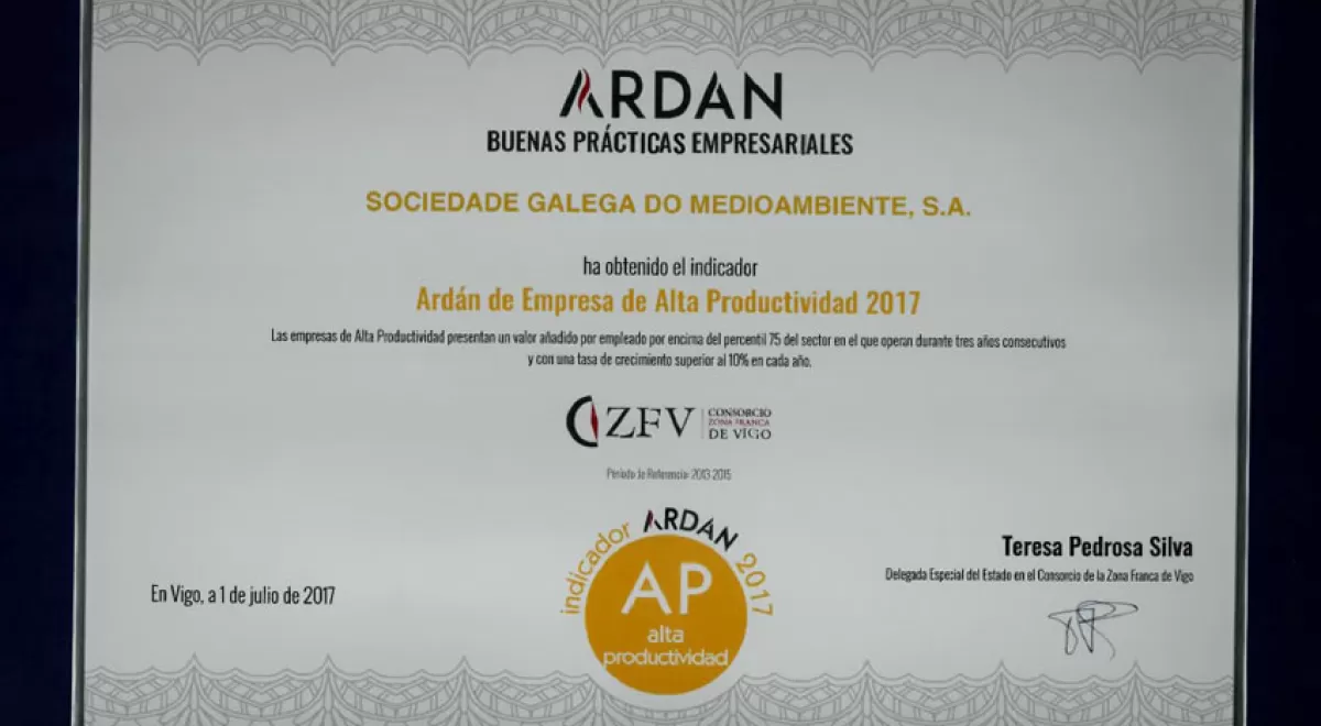 Sogama recibe el Certificado Ardán de Empresa de Alta Productividad 2017