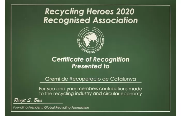 El Gremi de Recuperació de Catalunya, galardonado por la Global Recycling Foundation del BIR